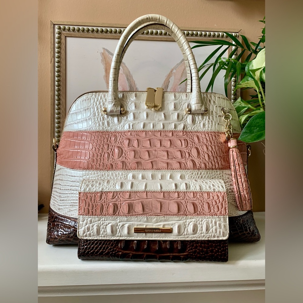 BCA Brahmin Toasted Macaroon Cassini Sydney satchel + matching checkbook wallet
